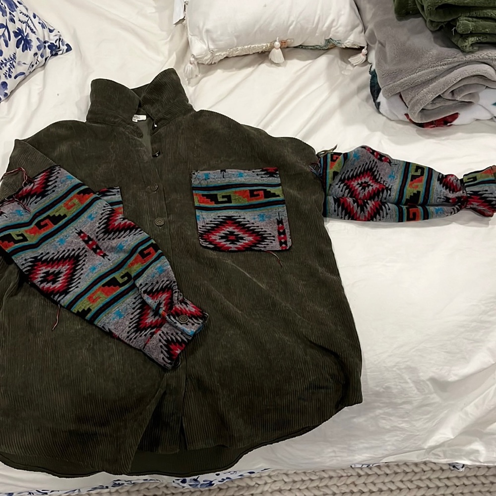 Green Corduroy Shacket With 70s Flare Sleeves